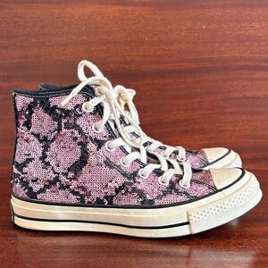 Converse Chuck 70 High Pink Sequin High-Top Sneakers with Black Pattern
